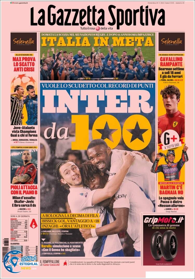 روزنامه ورزشی گاتزتا دلو اسپورت یکشنبه 20 اسفند 1402 