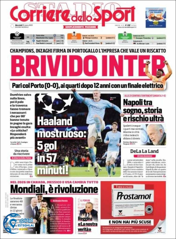 روزنامه ورزشی کوریره دلو اسپورت چهارشنبه 24 اسفند 1401 