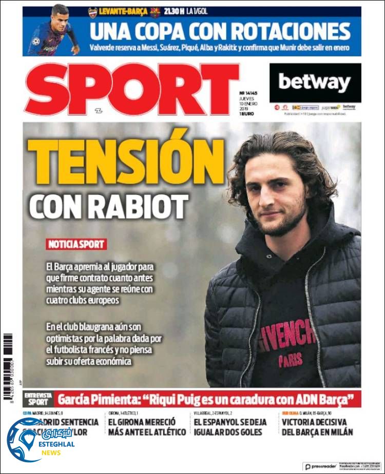 روزنامه ورزشی اسپورت پنجشنبه 20 دی 1397