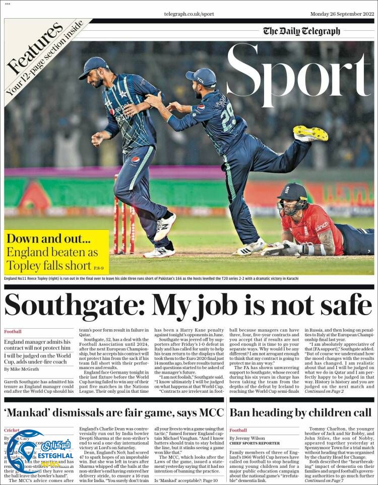 روزنامه ورزشی تلگراف اسپورت دوشنبه 4 مهر 1401