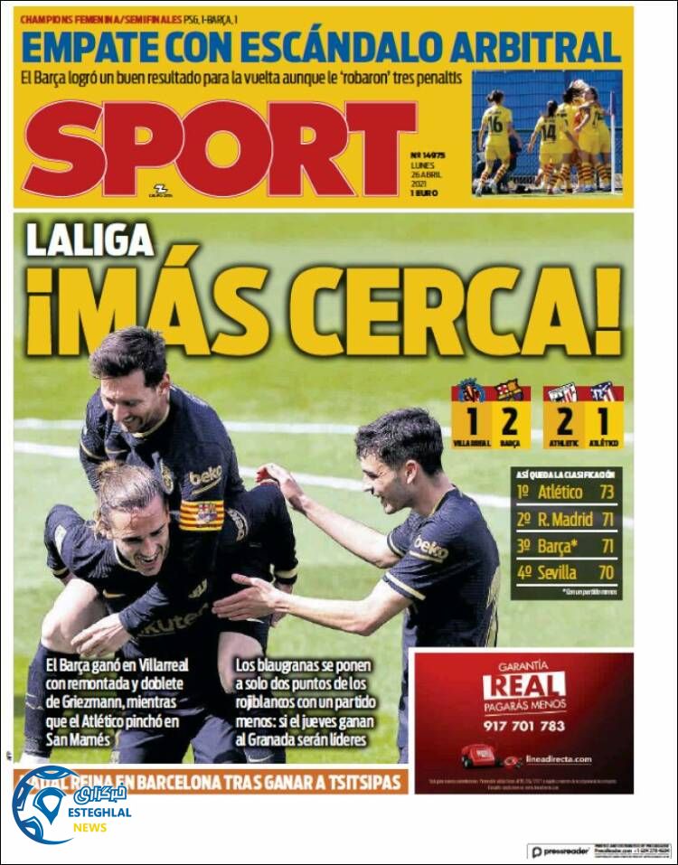 روزنامه ورزشی اسپورت دوشنبه 6 اردیبهشت 1400