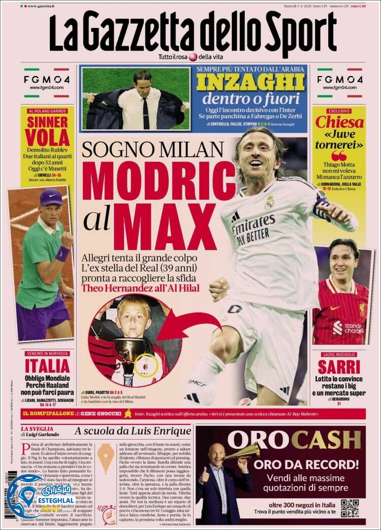 روزنامه ورزشی گاتزتا دلو اسپورت سه شنبه 13 خرداد 1404 