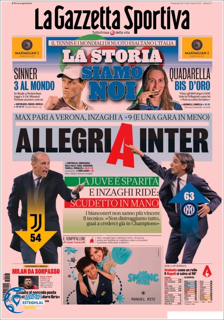 روزنامه ورزشی گاتزتا دلو اسپورت یکشنبه 29 بهمن 1402 