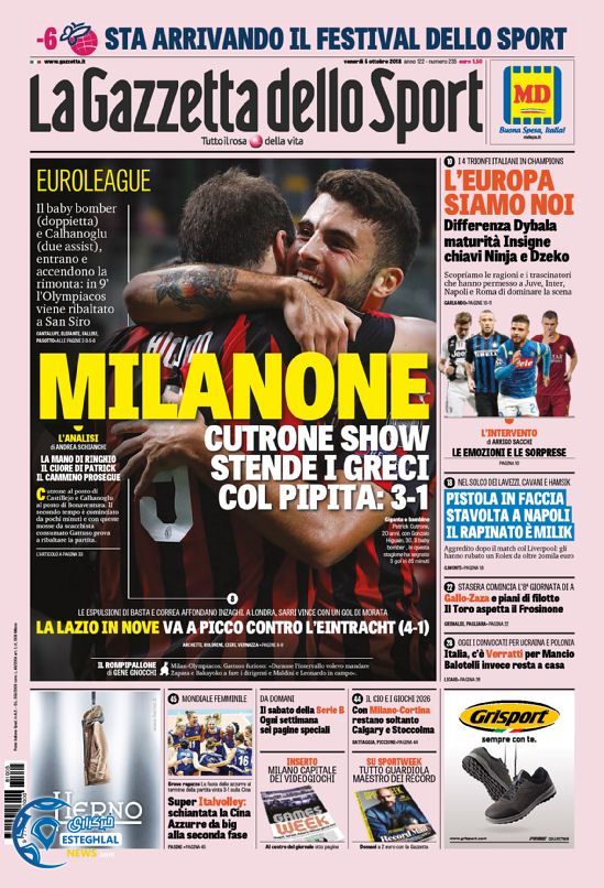 روزنامه ورزشی کوریره دلو اسپورت چمعه 13 مهر 1397