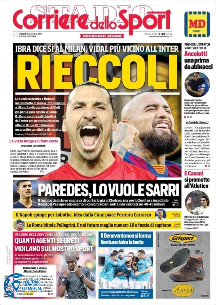 روزنامه ورزشی کوریره دلو اسپورت جمعه 6 دی 1398