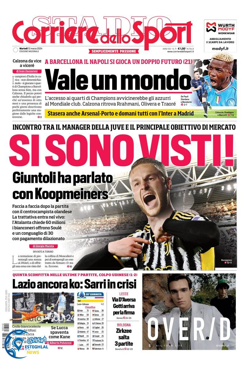 روزنامه ورزشی کوریره دلو اسپورت سه شنبه 22 اسفند 1402 