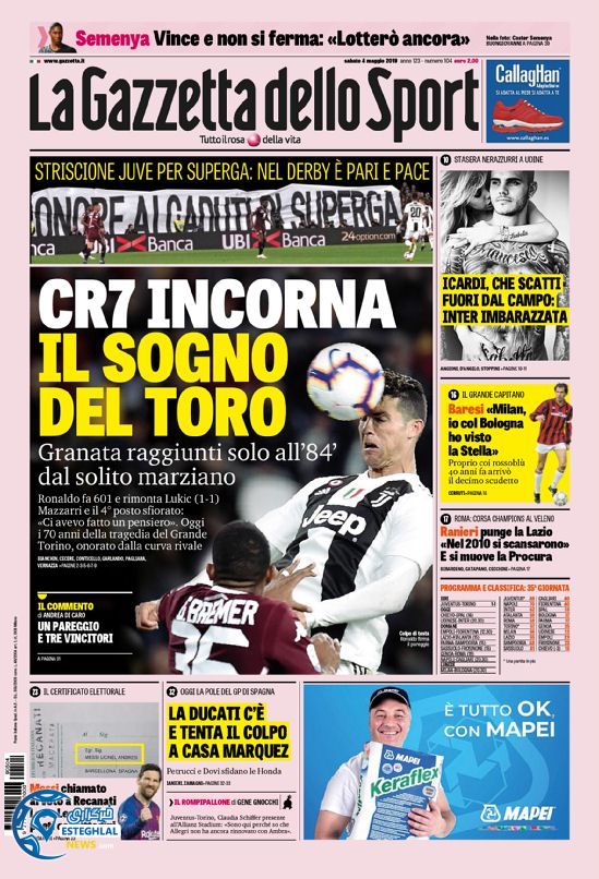 روزنامه ورزشی گاتزتا دلو اسپورت شنبه 14 اردیبهشت 1398