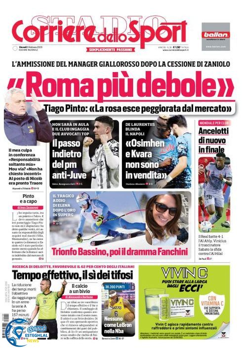 روزنامه ورزشی کوریره دلو اسپورت پنجشنبه 20 بهمن 1401 