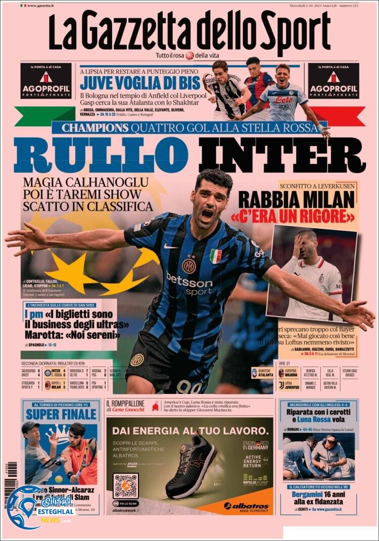 روزنامه ورزشی گلتزتا دلو اسپورت چهارشنبه 11 مهر 1403 