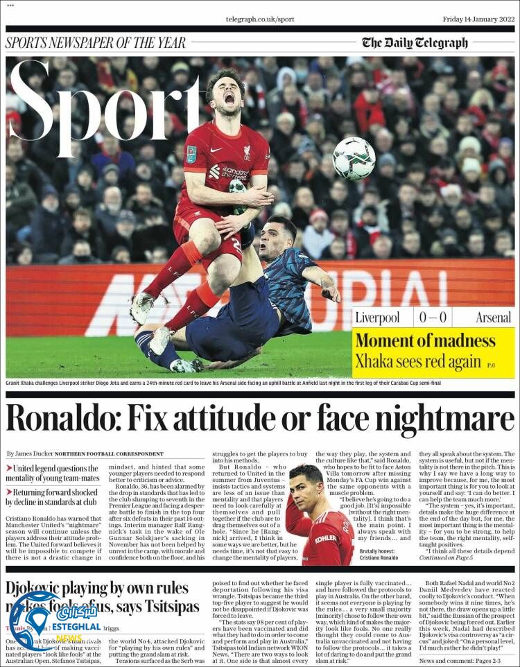 روزنامه ورزشی تلگراف اسپورت جمعه 24 دی 1400