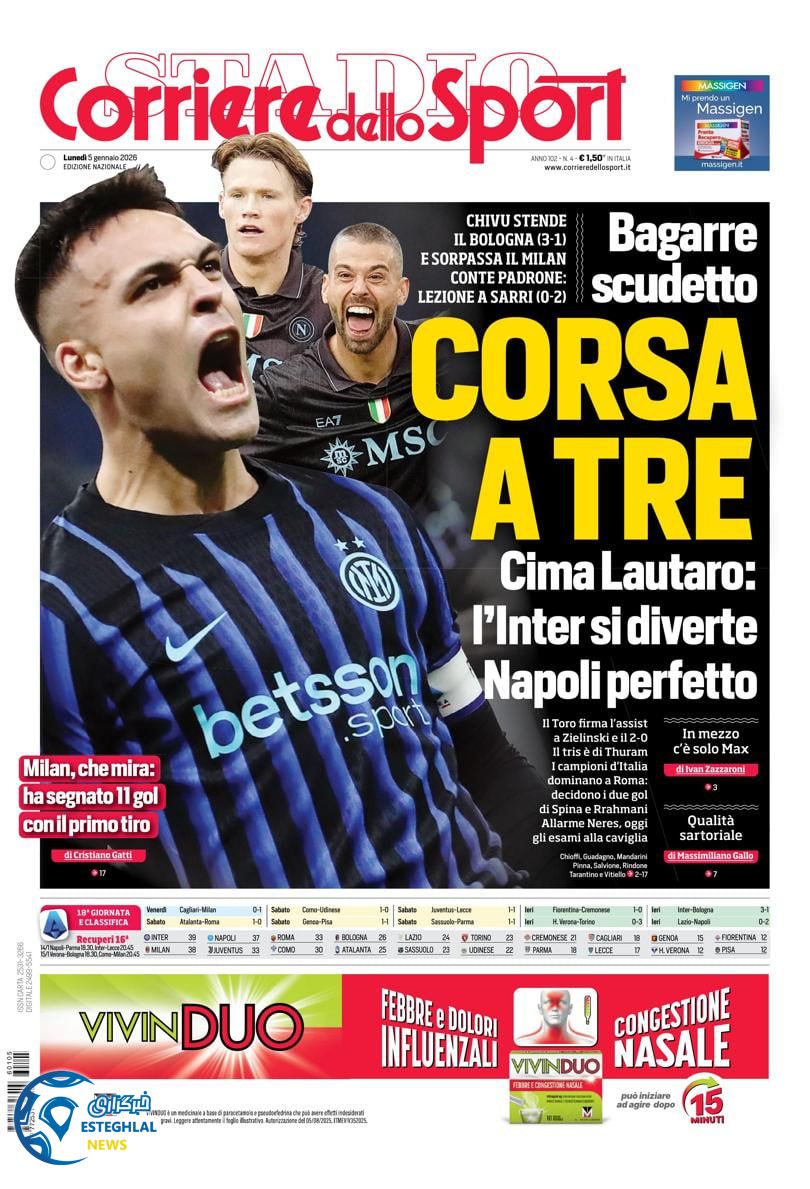 روزنامه  ورزشی کوریره دلو اسپورت  دوشنبه 15 دی 1404 