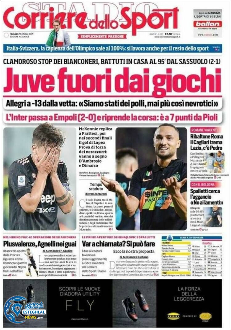 روزنامه ورزشی کوریره دلو اسپورت پنجشنبه 6 آبان 1400 