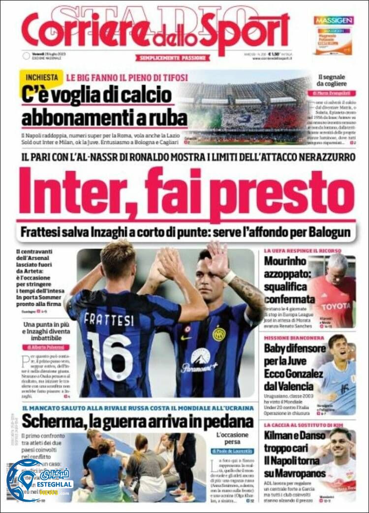 روزنامه ورزشی کوریره دلو اسپورت جمعه 6 مرداد 1402 