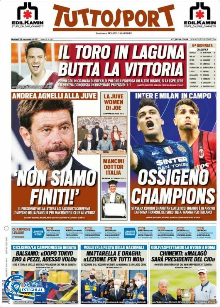 روزنامه ورزشی توتو اسپورت سه شنبه 6 مهر 1400