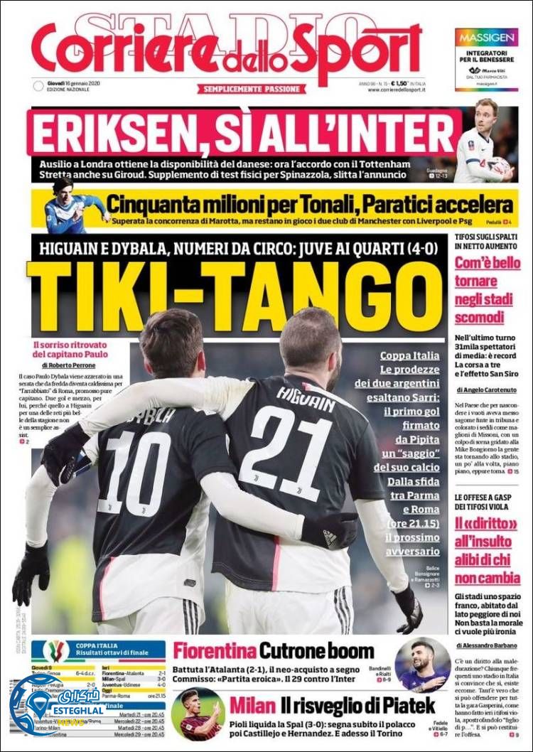 روزنامه ورزشی کوریره دلو اسپورت پنجشنبه 26 دی 1398