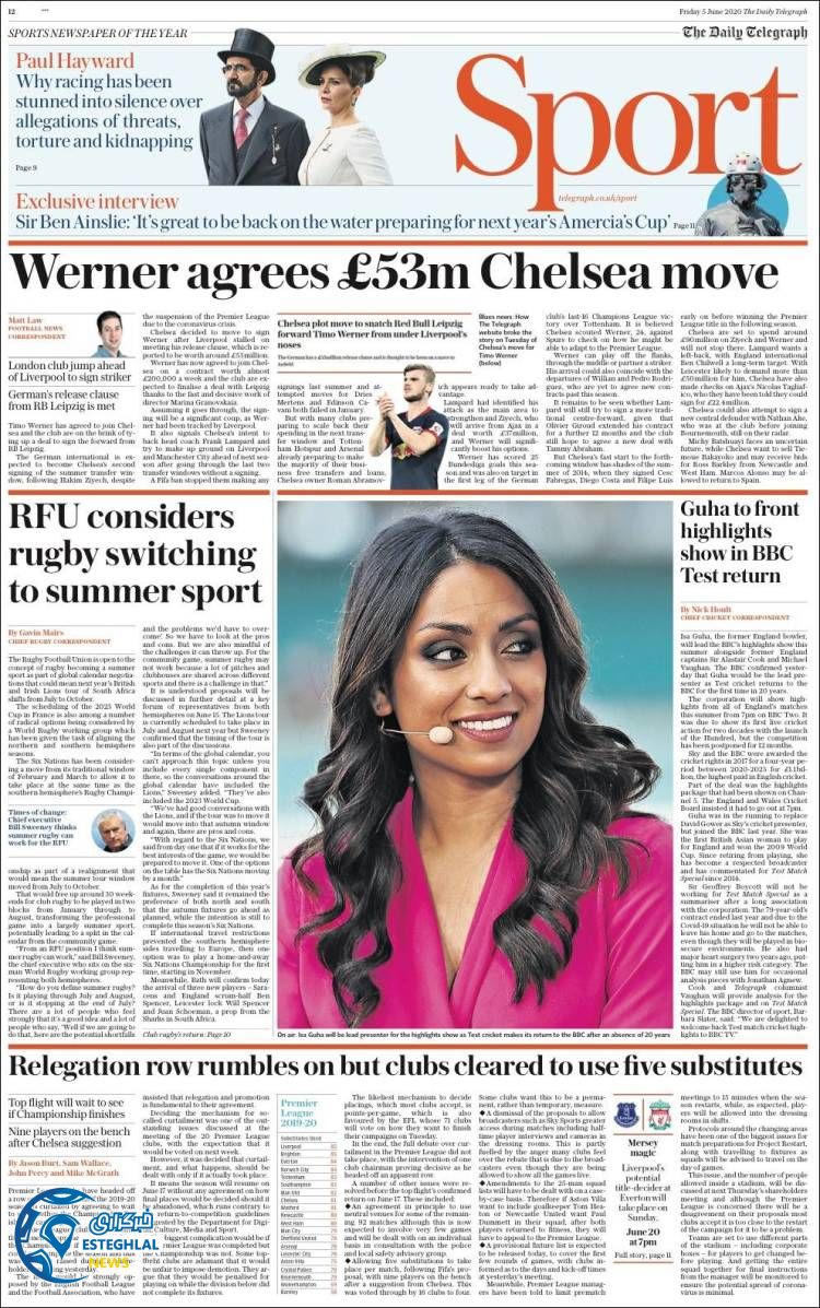 روزنامه ورزشی تلگراف اسپورت جمعه 16 خرداد 1399