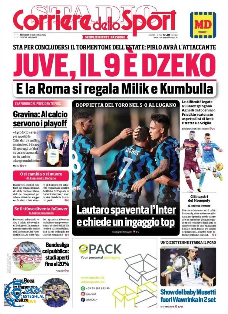 روزنامه ورزشی کوریره دلو اسپورت چهارشنبه 26 شهریور 1399