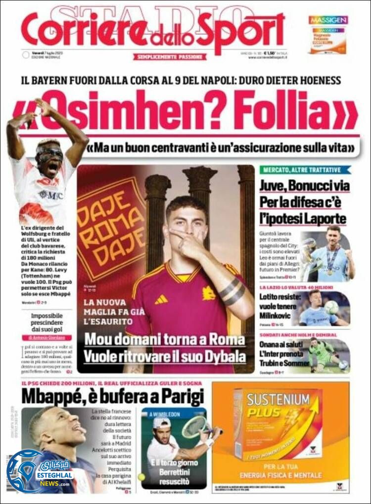 روزنامه ورزشی کوریره دلو اسپورت جمعه 16 تیر 1402 