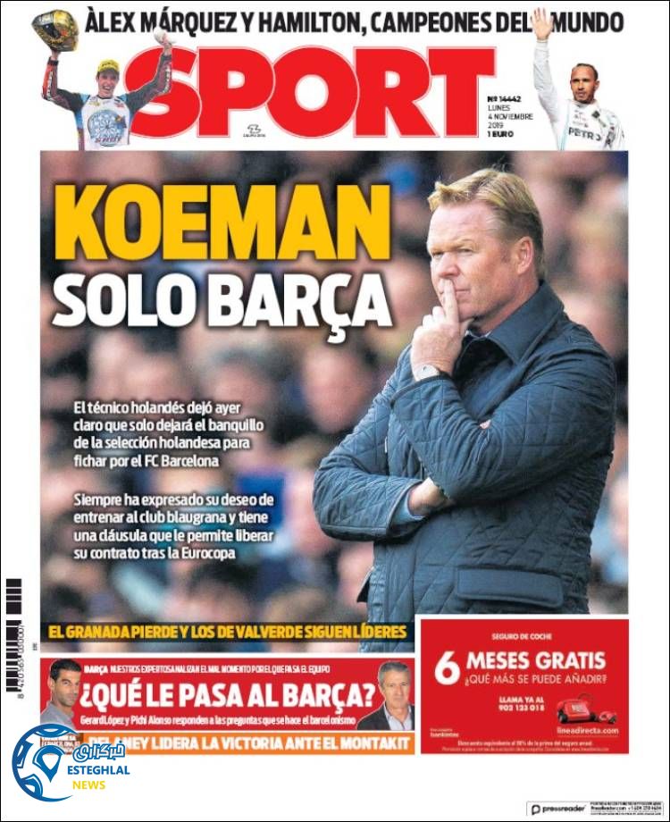 روزنامه ورزشی اسپورت دوشنبه 13 آبان 1398