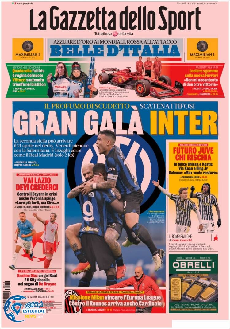 روزنامه ورزشی گاتزتا دلو اسپورت چهارشنبه 25 بهمن 1402 