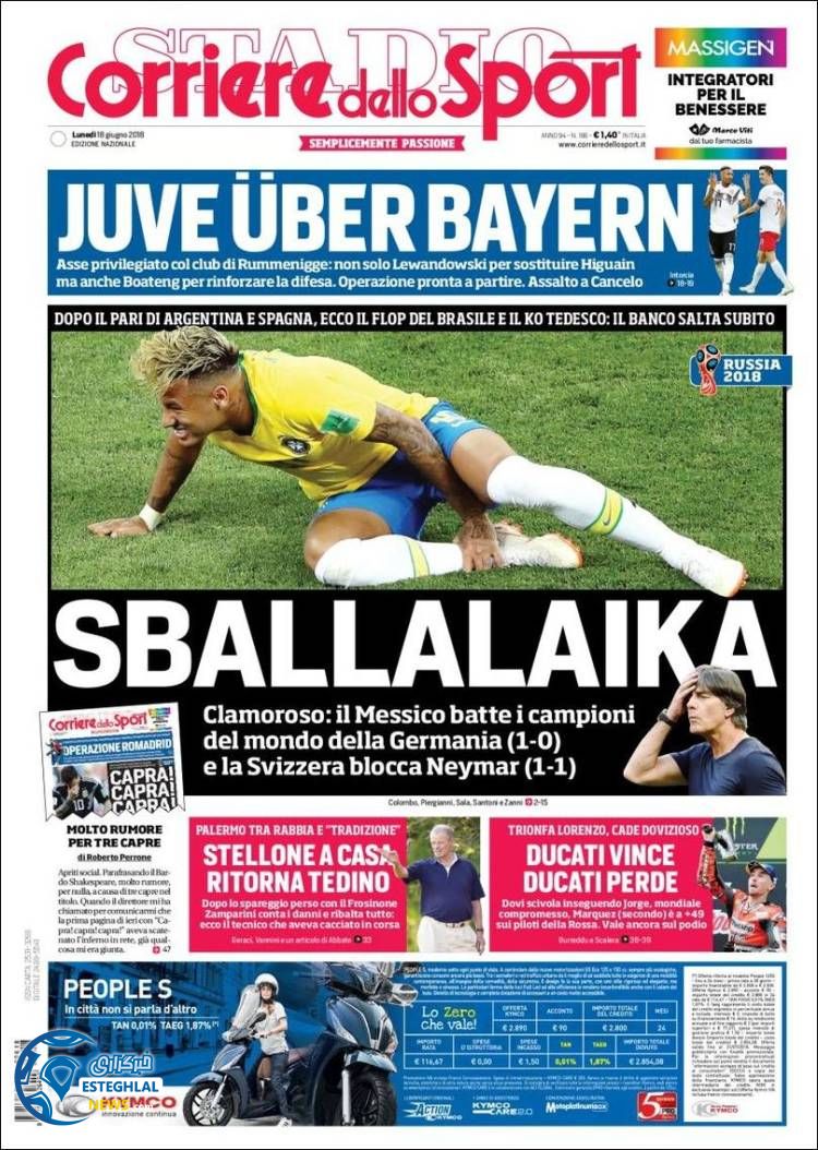 روزنامه کوریره دلو اسپورت دوشنبه 28 خرداد 1397 