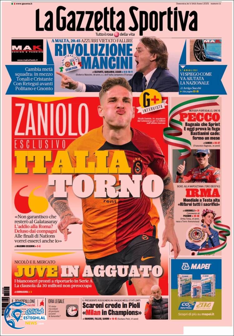 روزنامه ورزشی گاتزتا دلو اسپورت یکشنبه 6 فروردین 1402 