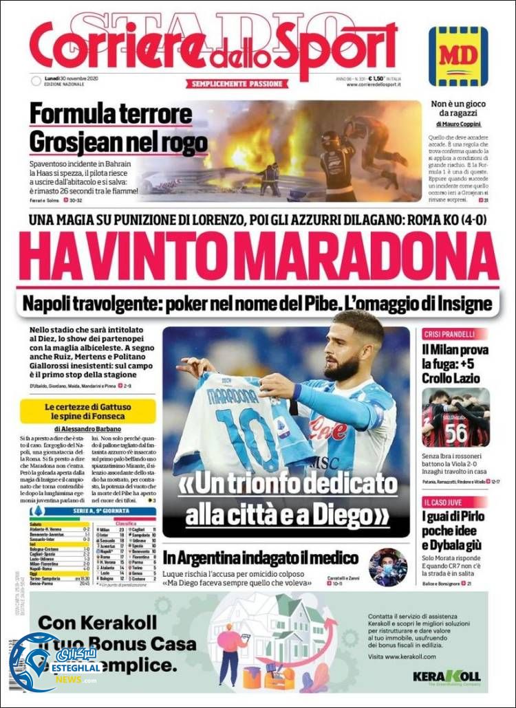 روزنامه ورزشی کوریره دلو اسپورت دوشنبه 10 آذر 1399