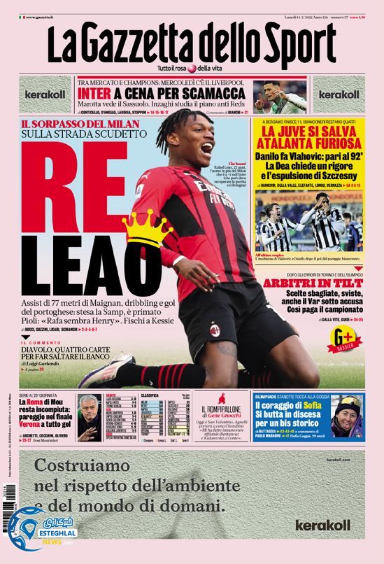 روزنامه ورزشی گاتزتا دلو اسپورت دوشنبه 25 بهمن 1400