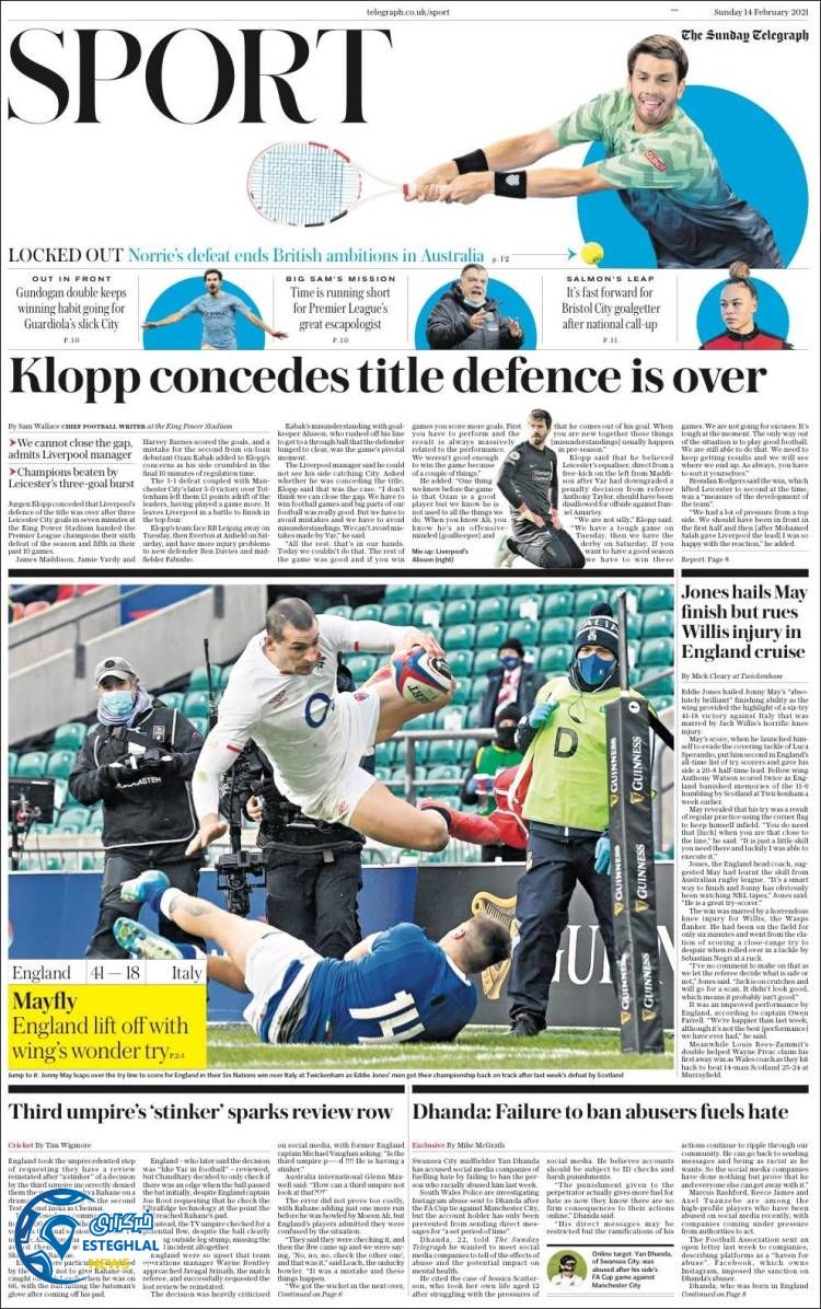 روزنامه ورزشی تلگراف اسپورت یکشنبه 26 بهمن 1399