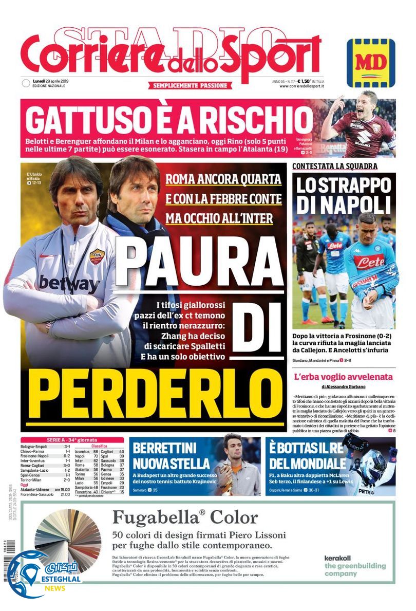 روزنامه ورزشی کوریره ذلو اسپورت دوشنبه 9 اردیبهشت 1398