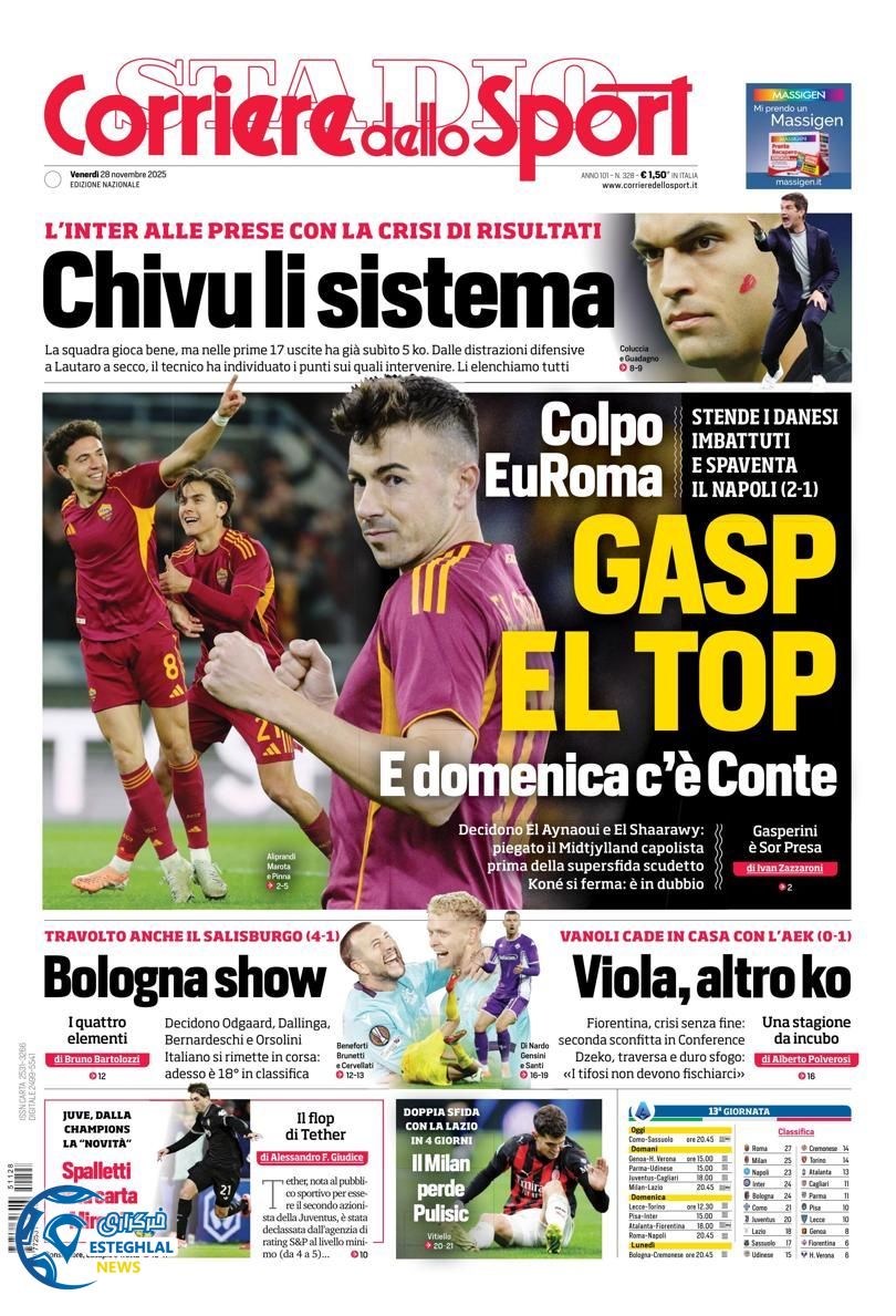 روزنامه  ورزشی کوریره دلو اسپورت جمعه 7 آذر 1404 