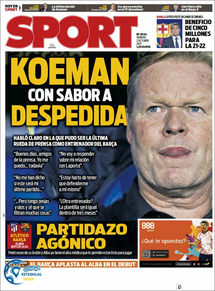 روزنامه ورزشی اسپورت شنبه 10 مهر 1400