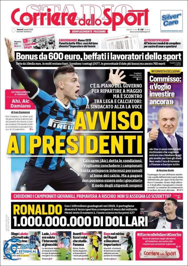 روزنامه ورزشی کوریره دلو اسپورت جمعه 15 فروردین 1399