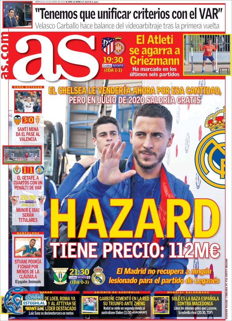 روزنامه ورزشی آ اس چهارشنبه 26 دی 1397