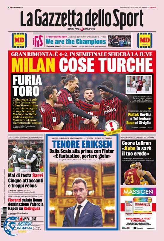 روزنامه ورزشی گاتزتا دلو اسپورت چهارشنبه 9 بهمن 1398