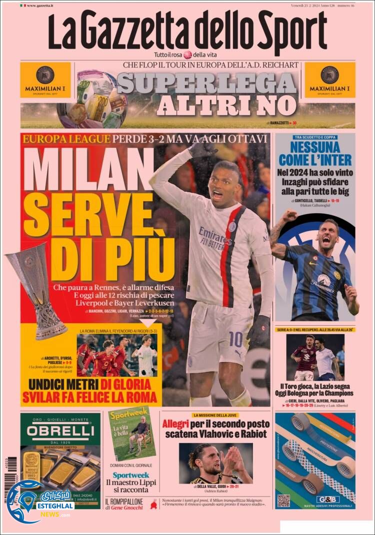 روزنامه ورزشی گاتزتا دلو اسپورت جمعه 4 اسفند 1402 