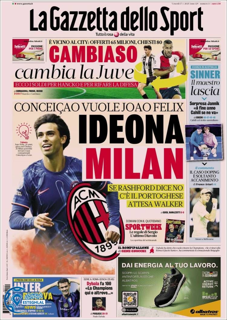 روزنامه ورزشی گاتزتا دلو اسپورت جمعه 28 دی 1403