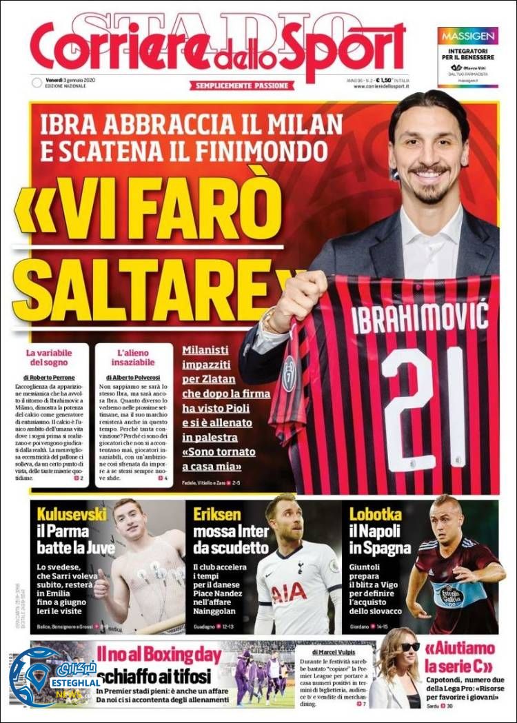 روزنامه ورزشی کوریره دلو اسپورت جمعه 13 دی 1398