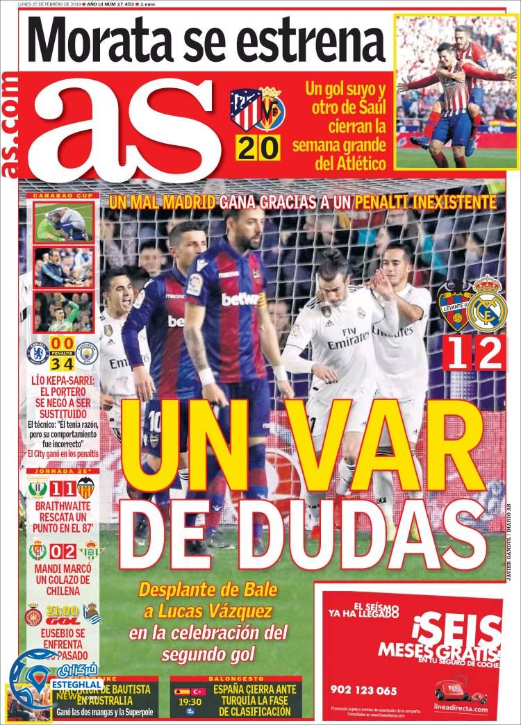 روزنامه ورزشی آ اس دوشنبه 6 اسفند 1397