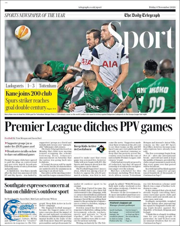 روزنامه ورزشی تلگراف اسپورت جمعه 16 آبان 1399