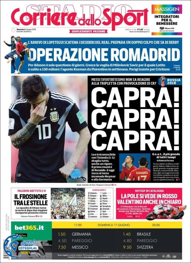 روزنامه کوریره دلو اسپورت یکشنبه 27 خرداد 1397