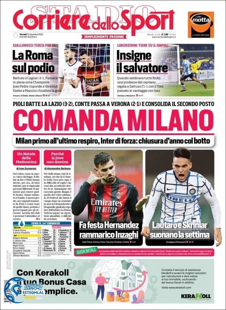 روزنامه ورزشی کوریره دلو اسپورت پنجشنبه 4 دی 1399