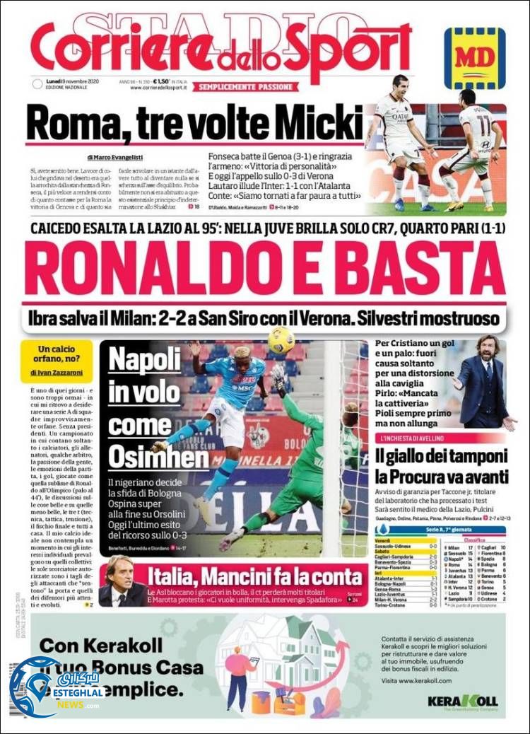 روزنامه ورزشی کوریره دلو اسپورت دوشنبه 19 آبان&nbsp;1399