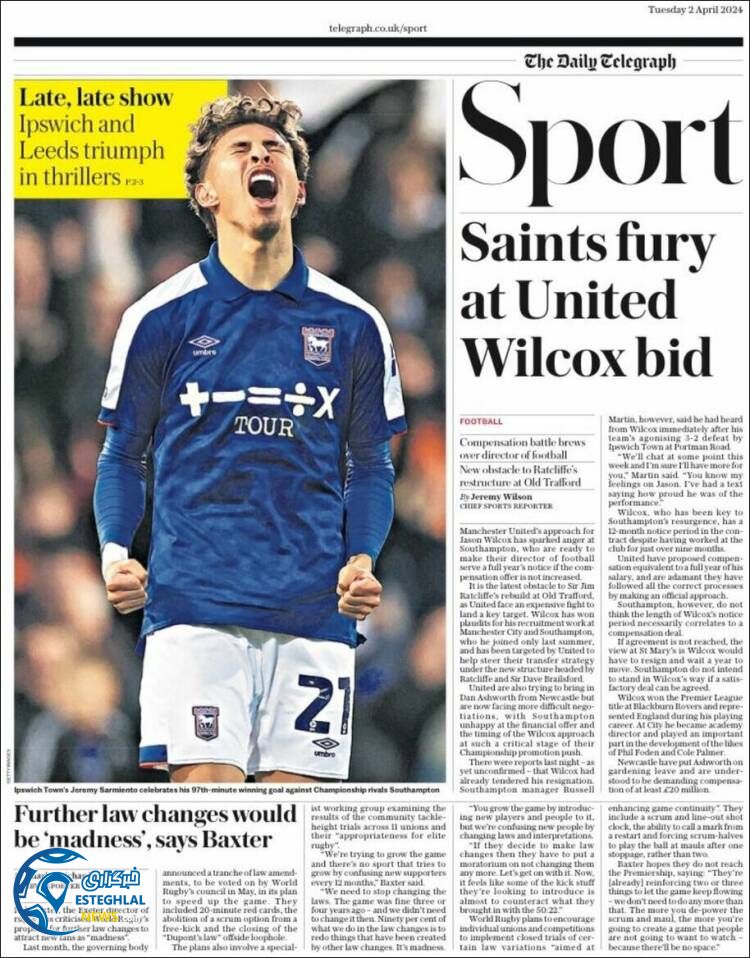 روزنامه ورزشی تلگراف اسپورت سه شنبه 14 فروردین 1403 