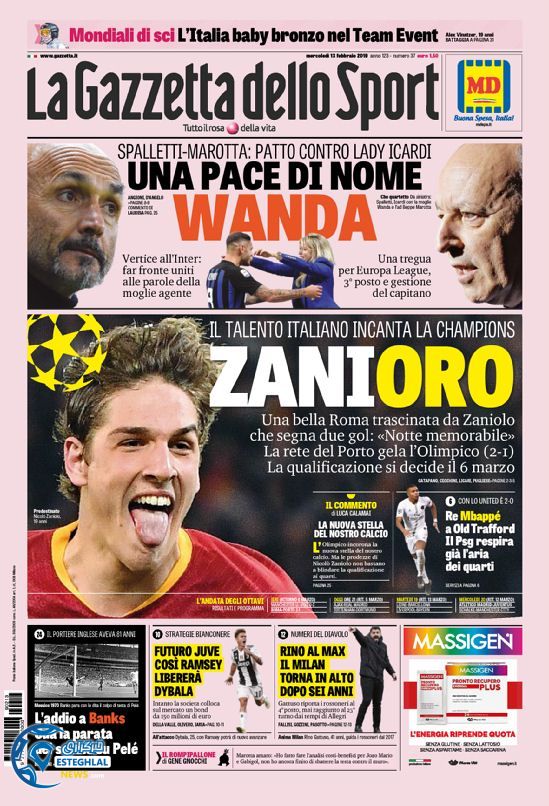 روزنامه ورزشی گاتزتا دلو اسپورت چهارشنبه 24 بهمن 1397