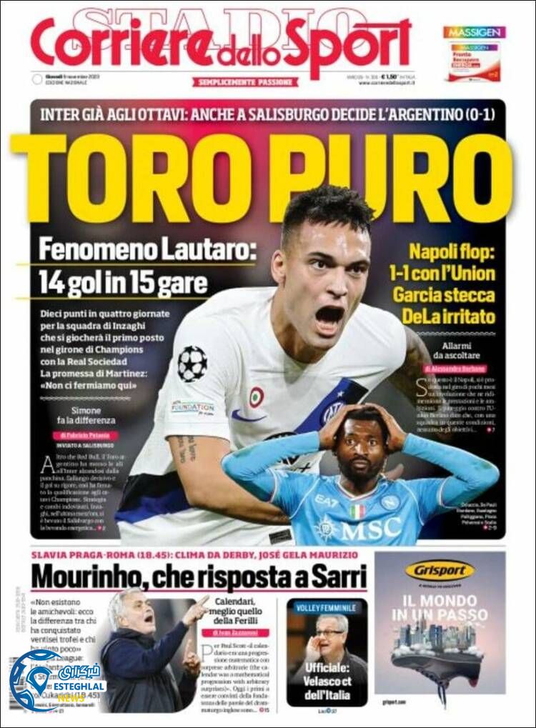 روزنامه ورزشی کوریره دلو اسپورت  پنجشنبه 18 آبان 1402 