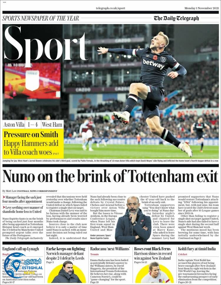 روزنامه ورزشی تلگراف اسپورت دوشنبه 10 آبان 1400